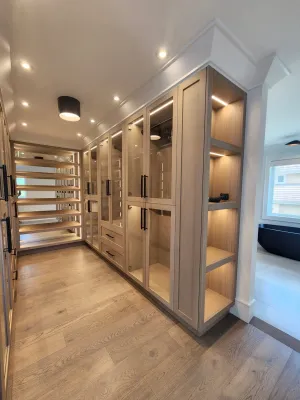 Built-in wardrobe with lit glass doors and open shelving, by DreamPro Contracting