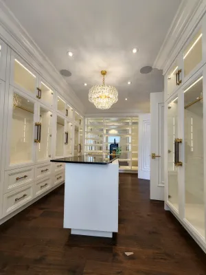 Built-in wardrobe with glass-front doors, an island, and a chandelier, by DreamPro Contracting